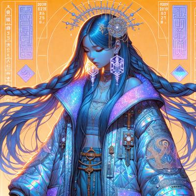 The primary subject of the image is a woman wearing a blue coat and a crown. She is standing in front of a yellow background. The visual style of the image is digital art, and the colors and mood are predominantly blue and warm.